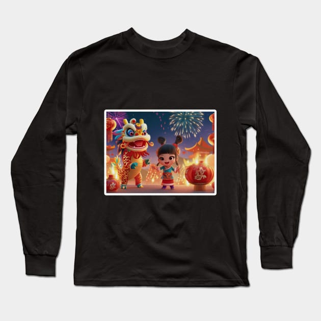 Lunar Serenity: Whimsical Pyrotechnics with Joyful Roars, a Dynasty Sparkle of Cherubic Flames, where Dragon's Delight meets Innocent Sparks in a Cartoon New Year Spectacle Long Sleeve T-Shirt by PicRidez